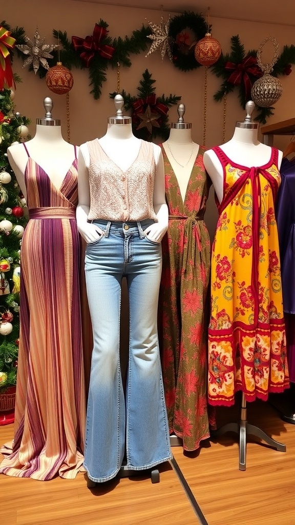 A collection of 70s inspired Christmas party outfits including sequined dresses and flared jeans, displayed with festive decorations.
